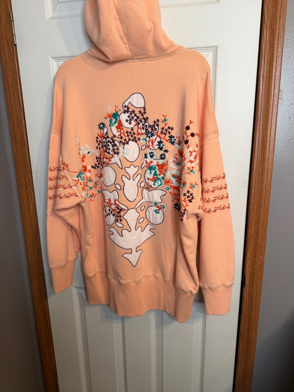 Free People  At My Best Embroidered Peach Embroidered Sleeve Hoodie - Women - Picture 3 of 9